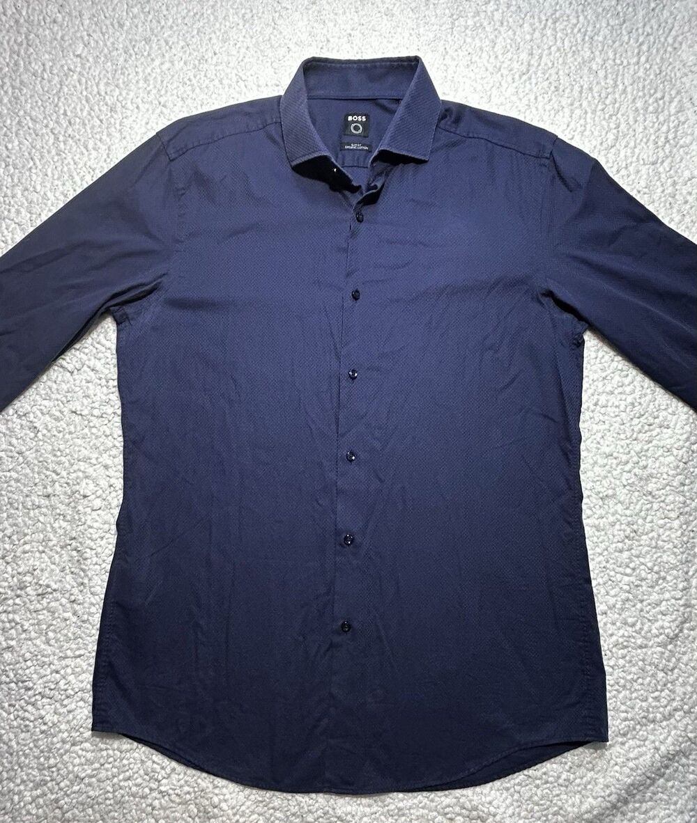 Hugo Boss Mabsoot Mens L 42 Slim Fit Blue Organic Cotton Textured Shirt BOSS